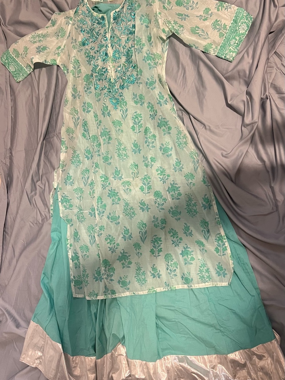 Women’s Floral Kurta Dress Set - Light Aqua Printed Dress